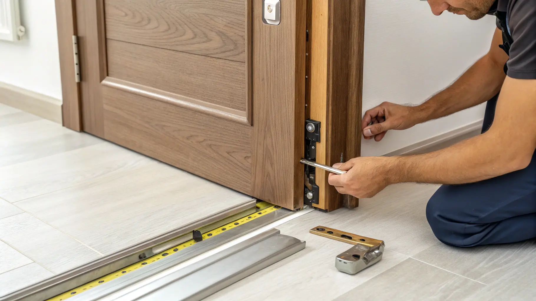 Seorang pria memasang komponen pada pintu kayu kedap suara.