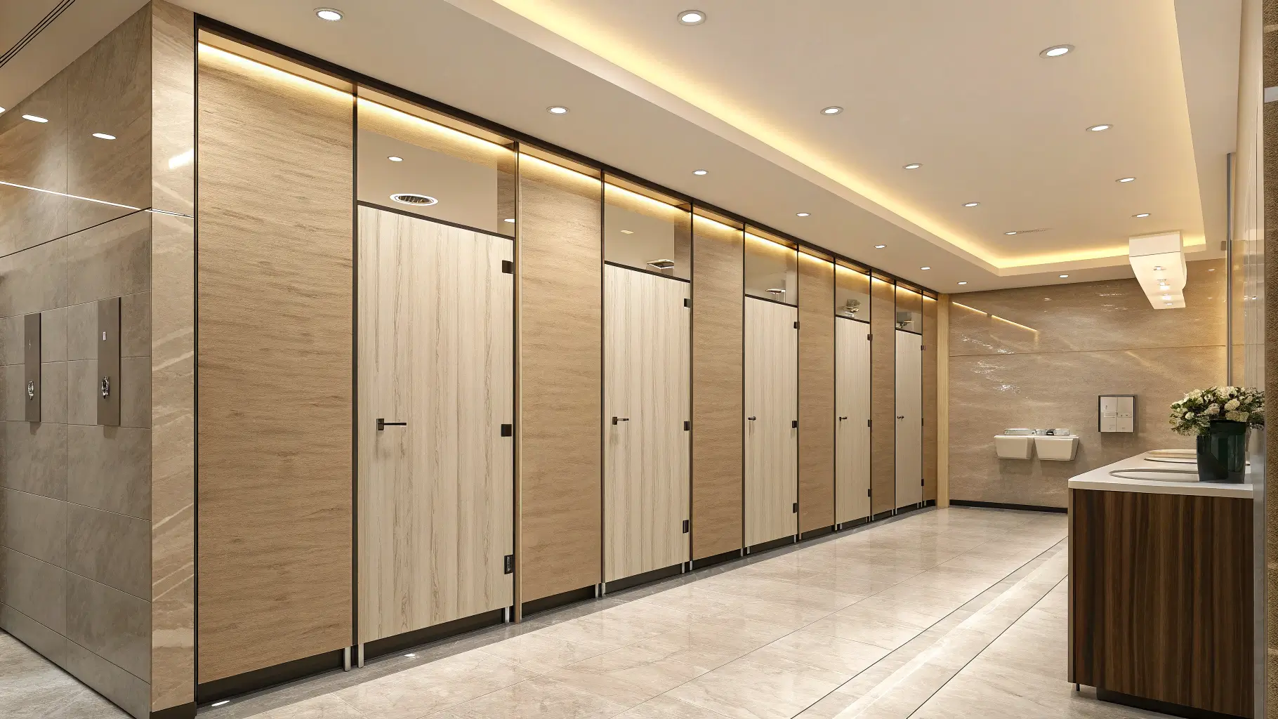 Deretan partisi cubicle toilet modern yang bersih dan higienis.