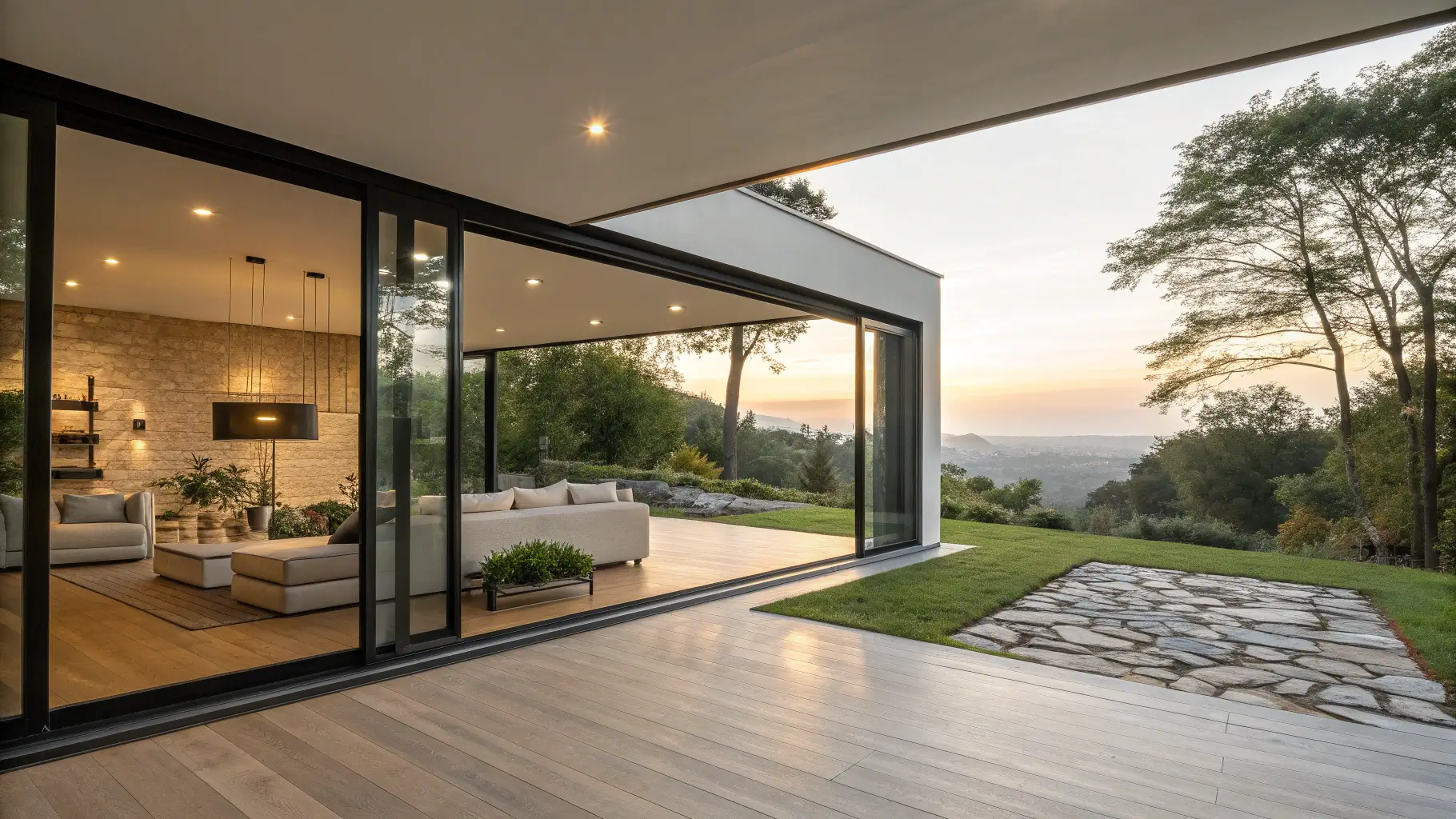 Partisi kaca modern di ruang keluarga yang terhubung dengan taman.