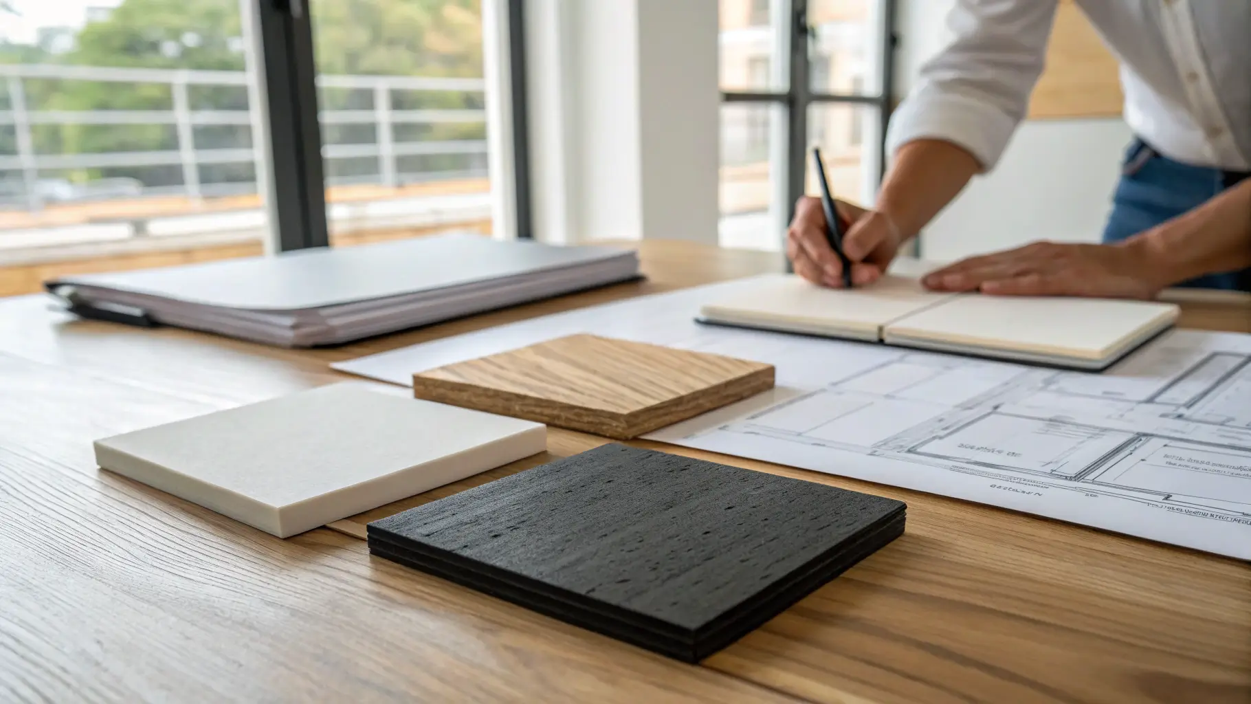 Tiga sampel material partisi toilet di atas meja arsitek.