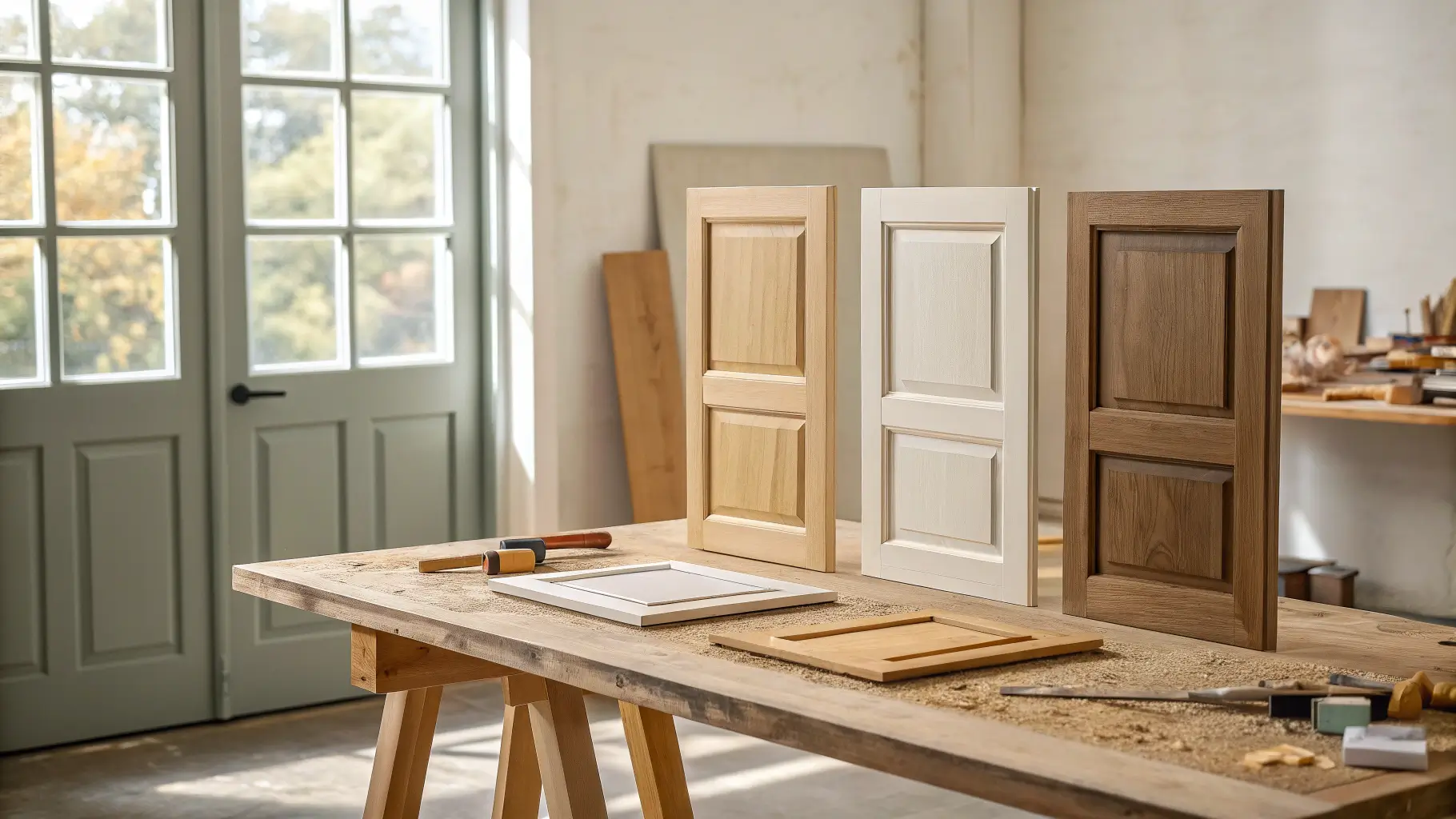 Tiga sampel pintu engineering dengan finishing berbeda di atas meja.