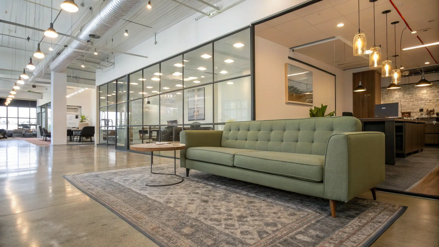 Sofa hijau di ruang tunggu kantor modern dengan partisi kaca.