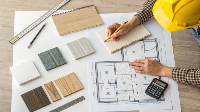 Arsitek menghitung faktor harga partisi toilet dengan denah dan sampel material.