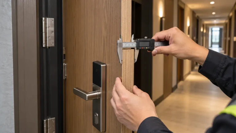Pemeriksaan ketebalan pintu engineering dengan jangka sorong pada proyek hotel atau apartemen
