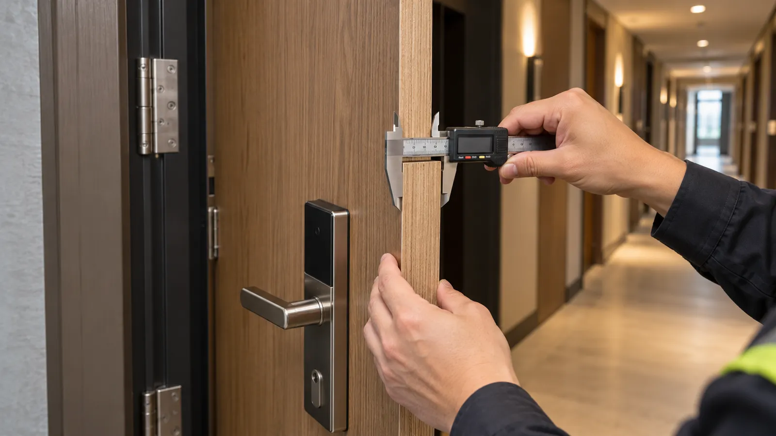 Pemeriksaan ketebalan pintu engineering dengan jangka sorong pada proyek hotel atau apartemen